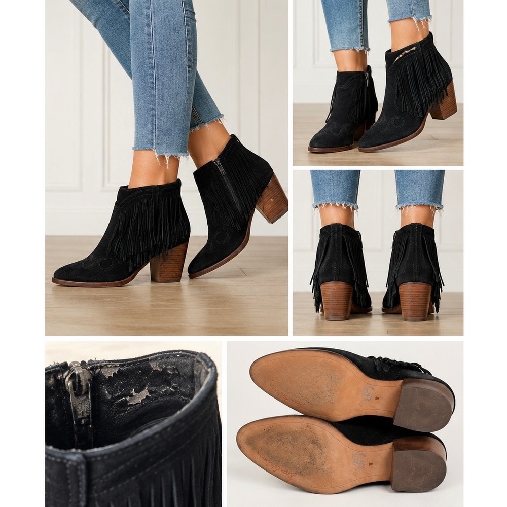 Sam Edelman Paige Fringe Ankle Boots Black Suede Women 8 Western Boho Bootie